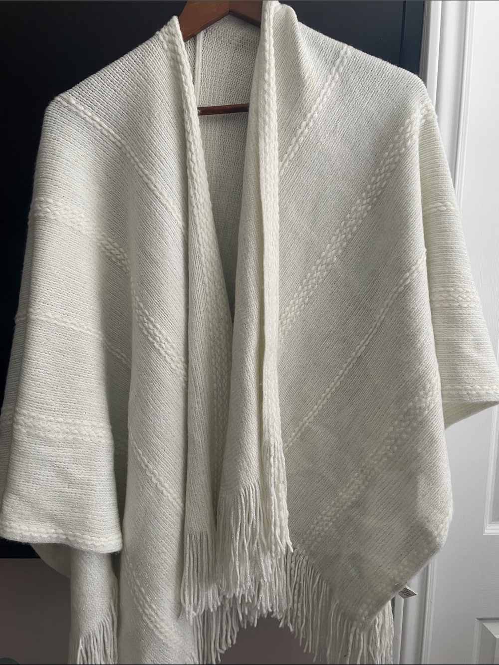 Cream Open-Front Knit Poncho Shawl